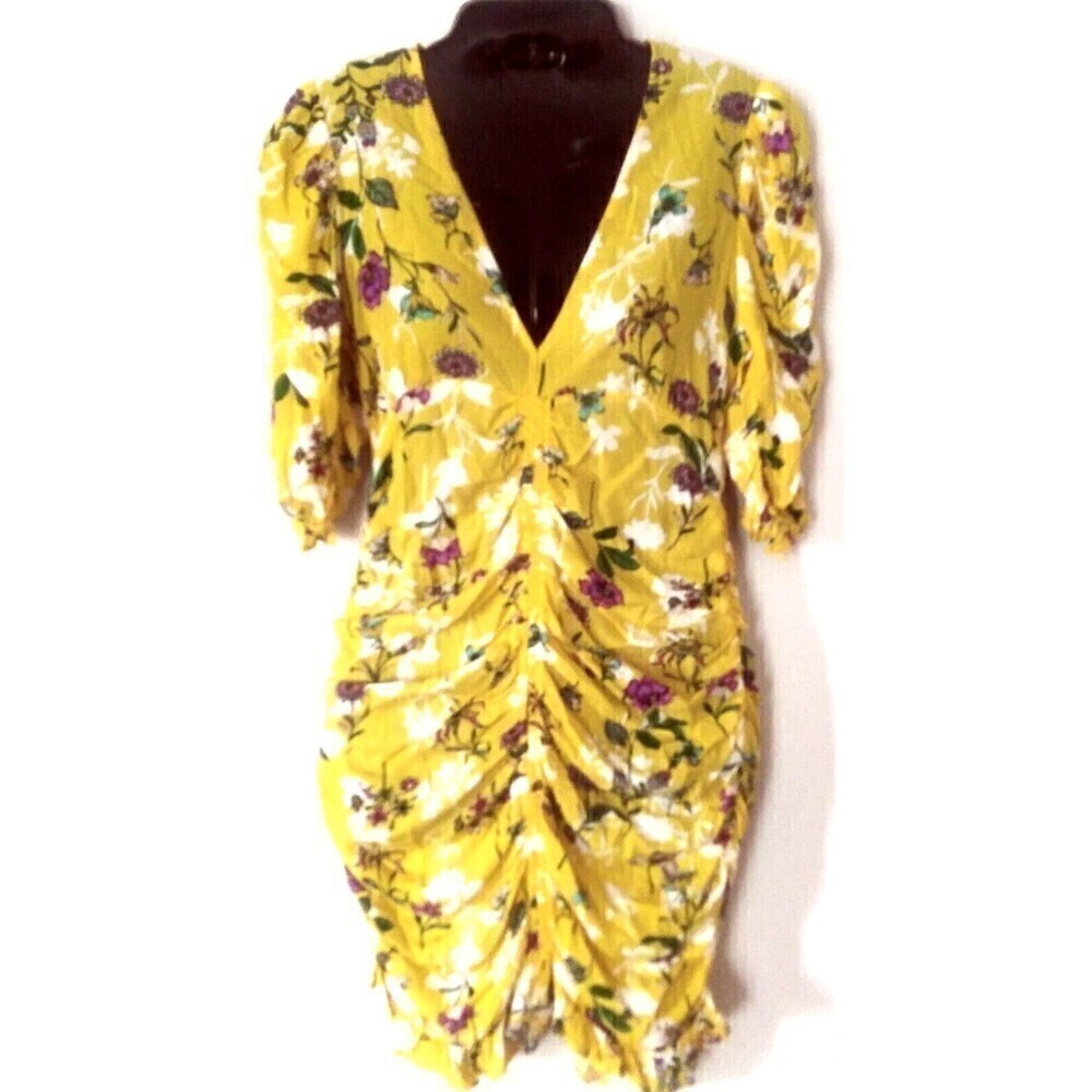 Skylar + Madison Dress Size Med Yellow Floral Sunshine Days V Neck Ruched Front